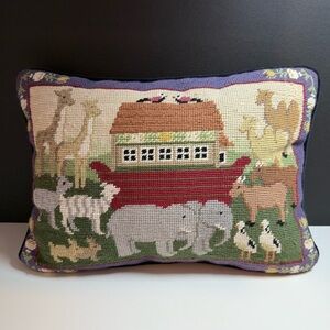 Williamsburg Noah's Ark Needlepoint Pillow with Navy Velour